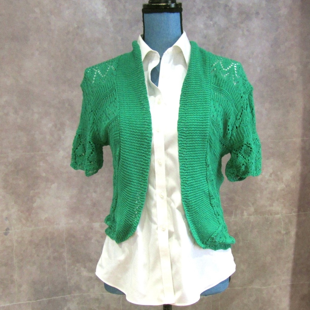 NEW Green Lace Knit Open Front Cardigan Shrug L